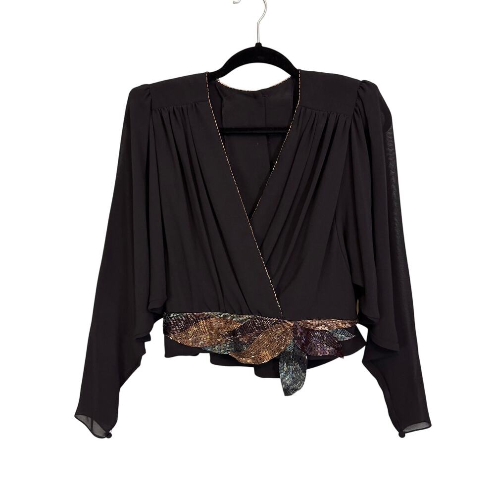 VTG Denise Fashions Blouse M Black Pleated Surplice Sheer Batwing Beaded Hem USA